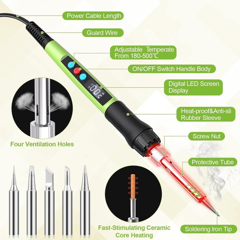 Q-MING Soldering Iron Kit, 100W LED Digital Solder Gun kits with Ceramic Heater, Adjustable Temperature Welding Tools with Tips, Wick Braid, Stand, Solders Wire, Sponge, Flux Paste - Image 2
